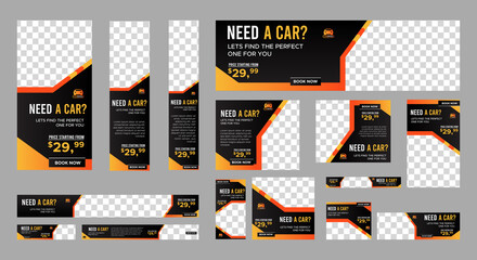 set of Rental Car web banners of standard size with a place for photos. Vertical, horizontal and square template. Vector EPS