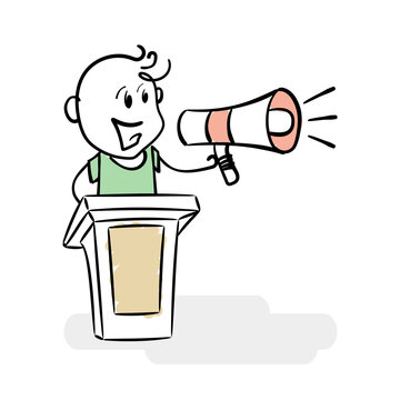 recommend clip art: Young orator with megaphone speaking from tribune. Drawing of stick figure man giving a speech on podium. Lecturer speech. Man stands on the stage and speaking or having speech to public or followers.
