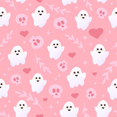 Ghost cute seamless pattern in pink colours with skulls, hearts and leaves, ornate for wrapping paper or backgrounds, childish wallpaper or fabric motif for halloween