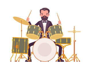 Musician, elegant tuxedo man playing professional drum instruments, percussion set. Classical music event, concert, wedding party. Vector flat style cartoon illustration isolated, white background