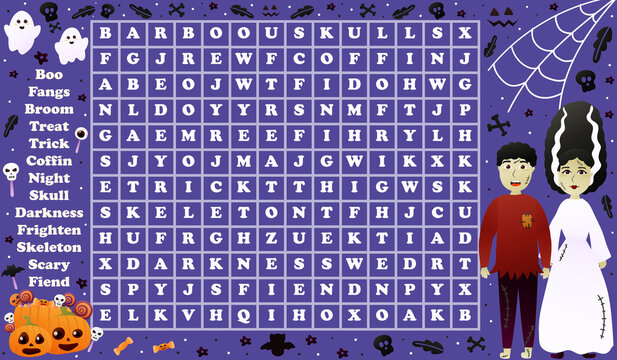 Colourful halloween riddle for searching words with cute characters on violet background with pumpkins and ghosts, printable worksheet for educational indoor activity, holiday theme game