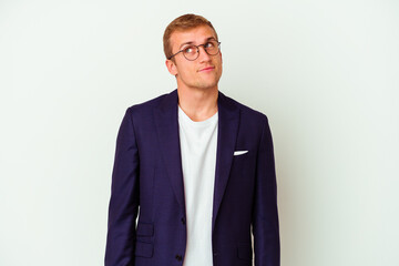 Young business caucasian man isolated on white background