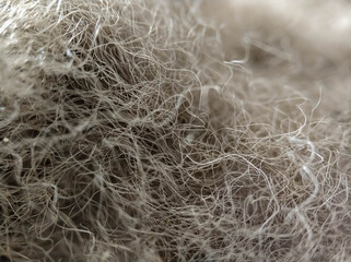 Close-up gray fibers of artificial filler. Synthetic soft wool