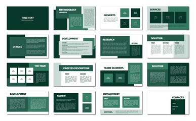 Green rectangles presentation template. Flat design, 16 slides. Title, detail, development, element, process description, methodology, service, team, solution.