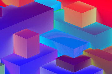 Abstract geometric cubic colorful  in neon lights background. isometric 3d render.