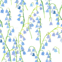 Lily of the valley flowers branches on white background seamless pattern for all prints. Spring pattern.