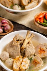 Bakso or baso is an Indonesian meatball, Its texture is similar to the Chinese beef ball, fish ball, or pork ball. The word bakso refer the complete dish of beef broth soup, noodle, tofu and bok choy.