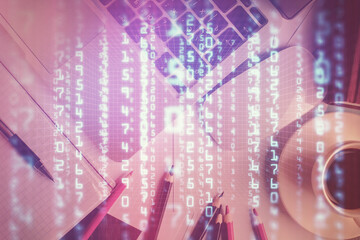 Double exposure of data drawing hologram over topview of study desk background with computer. Concept of Ai.