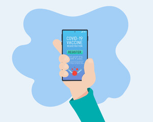Flat Hand Holding Mobile Phone about Covid Coronavirus Vaccine Registration
