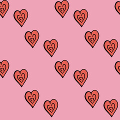 Seamless pattern with red hearts on light pink background. Vector image.