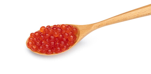 Red exclusive caviar on wooden spoon isolated on white background