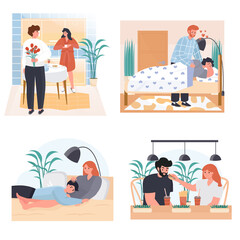 Conjugal relationship concept scenes set. Husband gives wife flowers. Couple hugging in bed or having lunch together. Collection of people activities. Vector illustration of characters in flat design