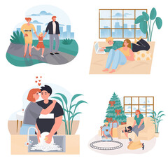Conjugal relationship concept scenes set. Family with kid walks or celebrate. Couple pastime together, daily routine. Collection of people activities. Vector illustration of characters in flat design