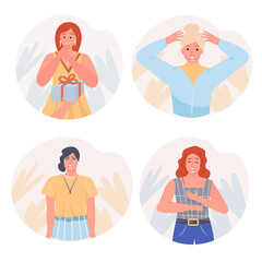Expression of different emotions concept scenes set. Woman surprised by gift, sad and crying, laughing and get angry. Collection of people activities. Vector illustration of characters in flat design
