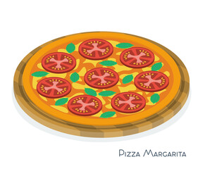 Pizza Margherita on wooden board. Isometric vector illustration.