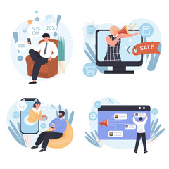 Different types of marketing concept scenes set. Discounts and sales, loyalty programs, gifts to customers, online ad. Collection of people activities. Vector illustration of characters in flat design