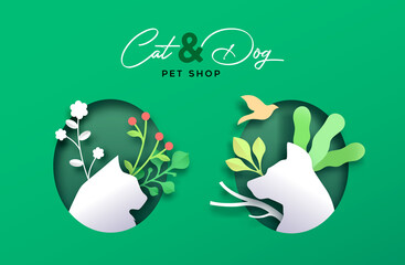 Cat and Dog green paper cut pet shop banner