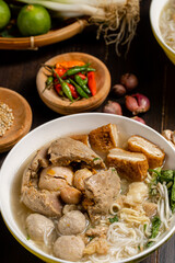 Bakso or baso is an Indonesian meatball, Its texture is similar to the Chinese beef ball, fish ball, or pork ball. The word bakso refer the complete dish of beef broth soup, noodle, tofu and bok choy.