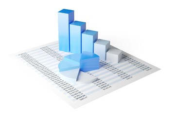 Blue pie chart and bar graph business diagrams on numbers spreadsheet over white background, financial growth, statistics or investment graph concept