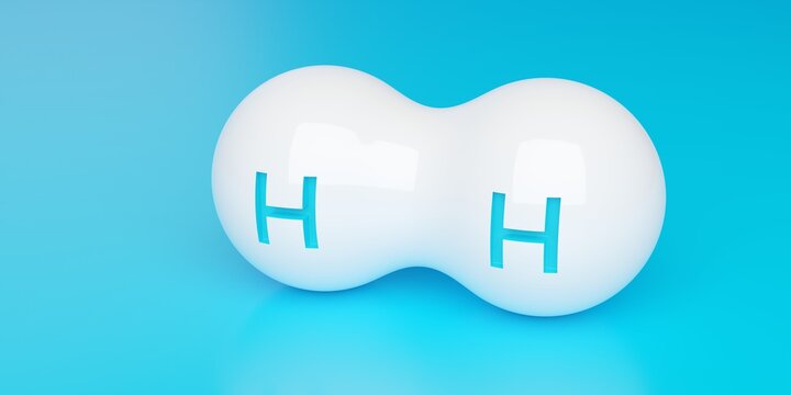 Single abstract white hydrogen H2 molecule over blue background, clean energy or chemistry concept