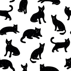 Vector illustration. Seamless pattern with silhouette of black cats.