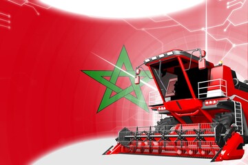 Fototapeta na wymiar Agriculture innovation concept, red advanced rye combine harvester on Morocco flag - digital industrial 3D illustration