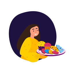 Obraz premium Young Woman Prepare Xmas bakery cakes for Christmas Eve, Noel and Happy New Year. Glittering Garland Festive Congratulation. Girl Create Family Cosy Fairy Atmosphere picture Greeting Card. Flat vector