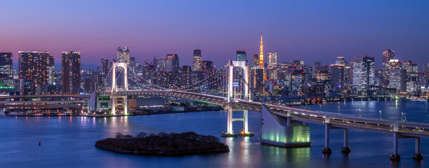 Fototapeta na wymiar Wide panorama image of Tokyo cityscape at dusk with Rainbow bridge and Tokyo tower.
