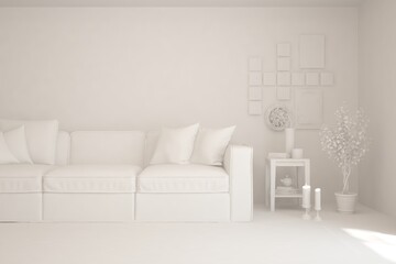White minimalist living room with sofa. Scandinavian interior design. 3D illustration