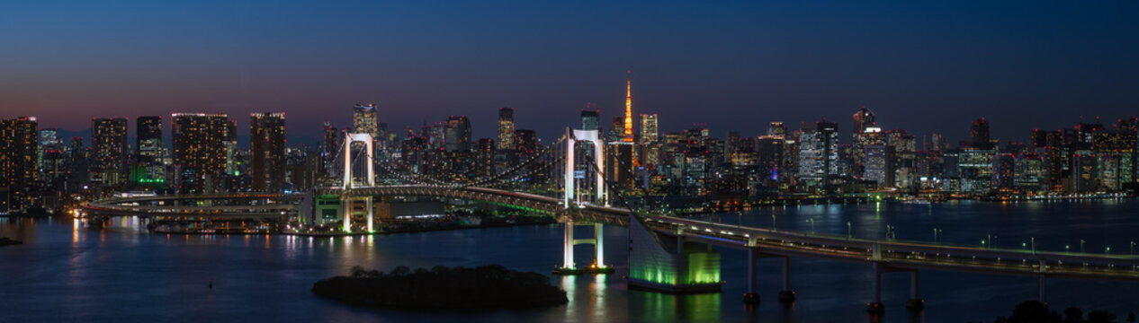 Ultra wide panorama image of Tokyo cityscape at night.