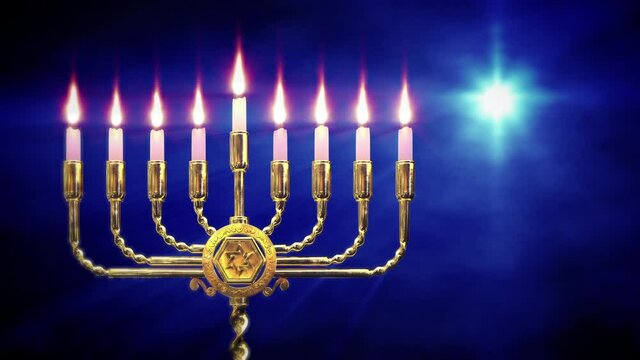 lighting hanukkah menora lantern on clouds background with Star of Bethlehem