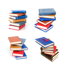Stack of books in colour covers with white sheets isolated on a white background