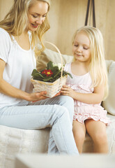 Obraz na płótnie Canvas Happy mother day. Child daughter congratulates mom and gives her basket of spring flowers. Family and childhood concepts