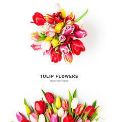 Floral spring layout with colorful beautiful tulip flowers.