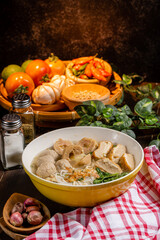 Bakso or baso is an Indonesian meatball, Its texture is similar to the Chinese beef ball, fish ball, or pork ball. The word bakso refer the complete dish of beef broth soup, noodle, tofu and bok choy.