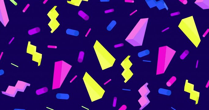 Geometric pattern in the style of the 80s. 3d geometric shapes rotate in a loop. Zoom in and out motion animation. Horizontal composition, 4k video quality