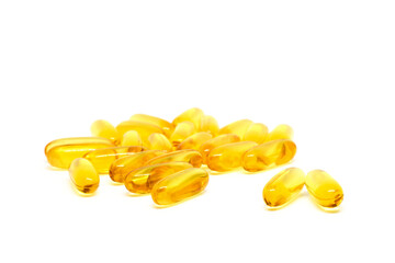 Yellow omega 3 gel capsules collective on white background. food supplement for health care. Pharmaceutical industry, medicament. Pharmacy. with clipping path.