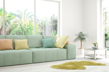 White living room with sofa and summer landscape in window. Scandinavian interior design. 3D illustration