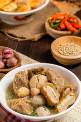 Bakso or baso is an Indonesian meatball, Its texture is similar to the Chinese beef ball, fish ball, or pork ball. The word bakso refer the complete dish of beef broth soup, noodle, tofu and bok choy.