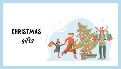 Web banner with family  running shopping to buy gifts for Christmas or New year. Web page for Christmas market or fair,  winter sale, cartoon vector illustration.