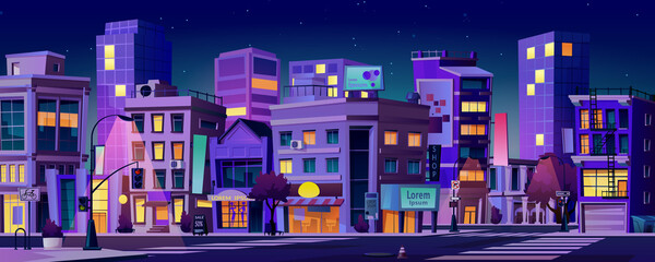 Cityscape with skyscrapers and roads, illuminated street at nights. Downtown or business center, financial district of town or megapolis. Skyline of modern metropolis. Cartoon vector in flat style © Sensvector