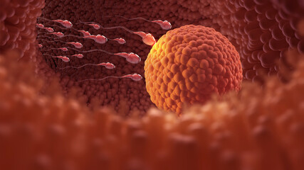 Ovum fertilized by sperm 3D illustration. Conception of a new life. Sperm and egg cell natural insemination
