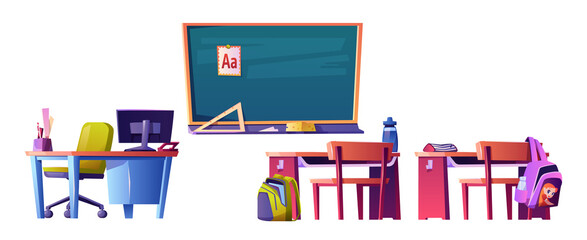 Blackboard with abc material, teacher table with personal computer and kids desks with satchels on chairs and books. Elementary school and education, getting knowledge. Cartoon vector in flat style - obrazy, fototapety, plakaty