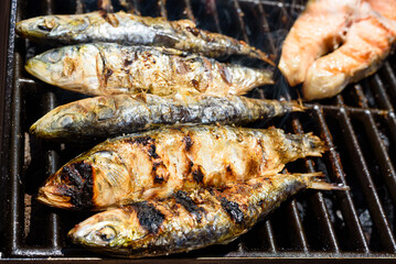 Grilled fresh sardines alongside salmon fillets, great source of protein for keto diets.