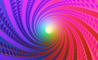 Color poster, ultraviolet and lilac. 3D illustration of random elements in a whirlpool. Tunnel of twisted directions