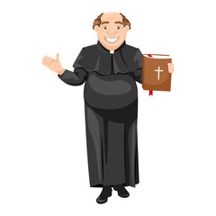 Catholic priest blesses parishioners, Pastor holds bible or gospel. Vector illustration - obrazy, fototapety, plakaty