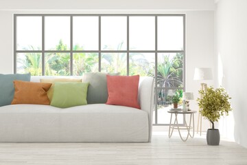 White living room with sofa and summer landscape in window. Scandinavian interior design. 3D illustration