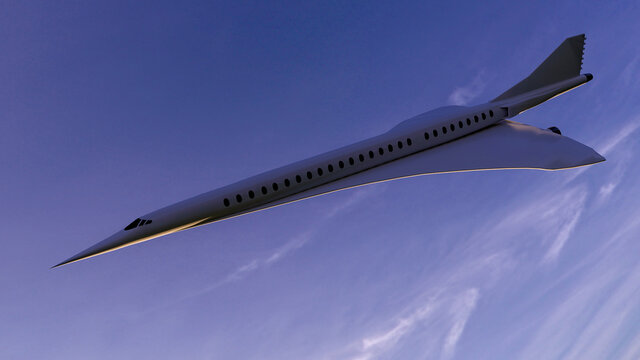 Supersonic flight, the plane to travel faster than ever. Unlike other commercial flights, it has double the speed. 3d render