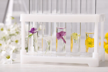 Test tubes with different flowers on white wooden table. Essential oil extraction