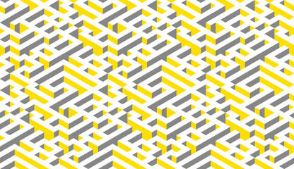 Illuminating yellow and ultimate gray seamless isometric maze. Yellow, gray and white abstract endless isometric labyrinth. Seamless geometric pattern. Vector background
